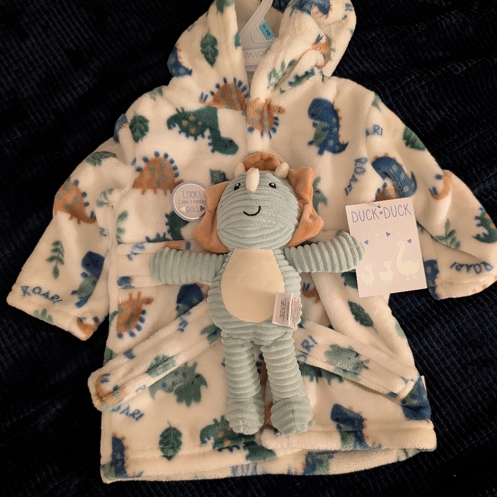 Dinosaur Print Hooded Robe with Plush Toy